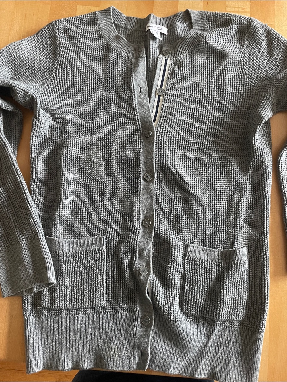 Nautica Gray Waffle-Knit Button-Front Cardigan with Patch Pockets